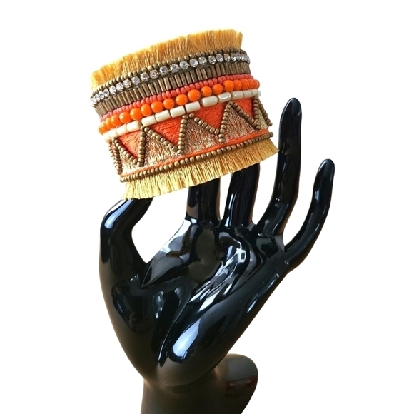 Shiraleah Jewelry - SHIRALEAH Chicago "Santamaria" Orange Beaded Fringe Boho Tapestry Cuff  NWT